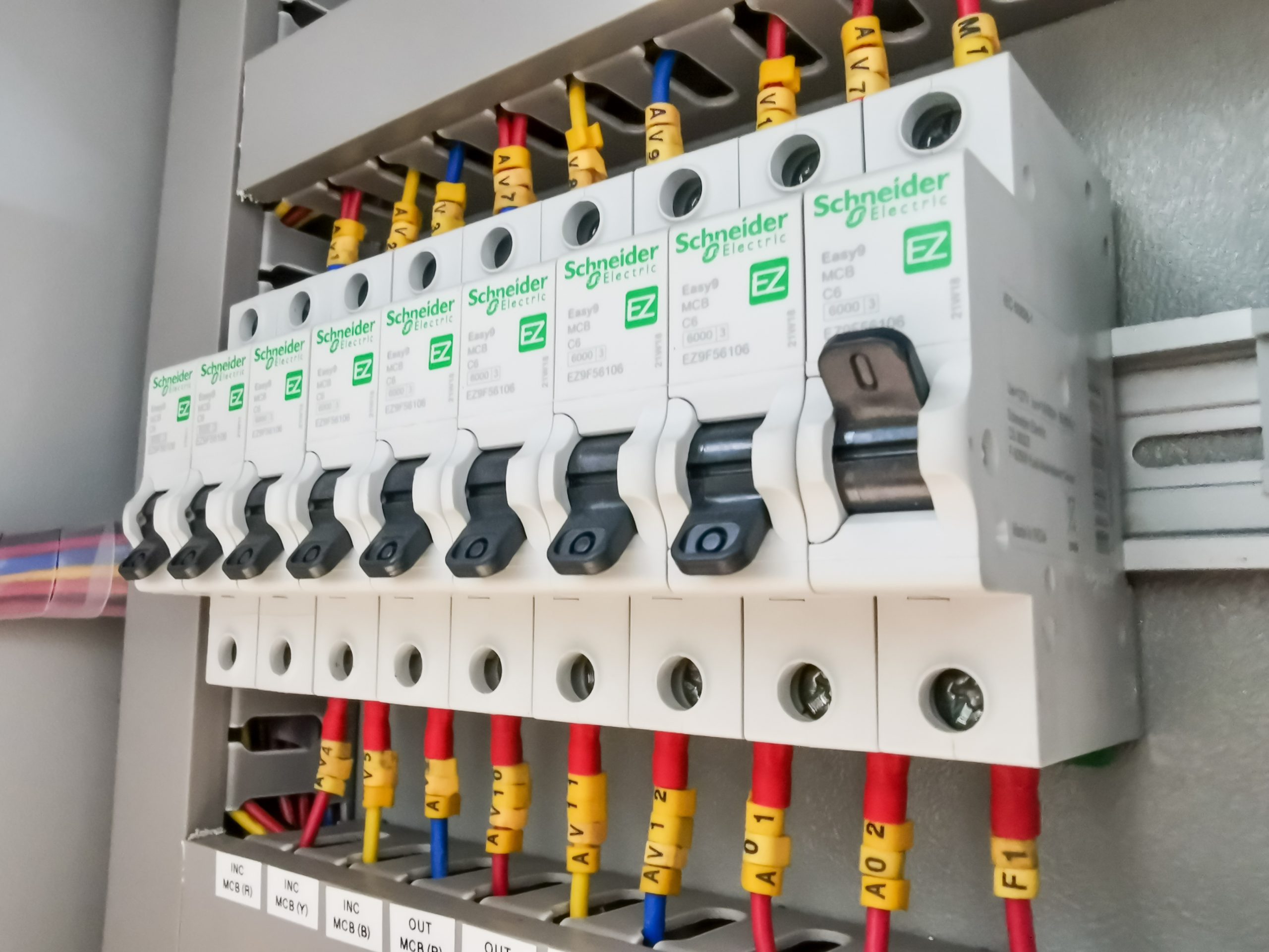 Row of MCBs inside a commercial distribution board