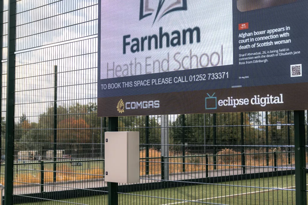 LED screen structure and associated electrical installation at Farnham Heath End School
