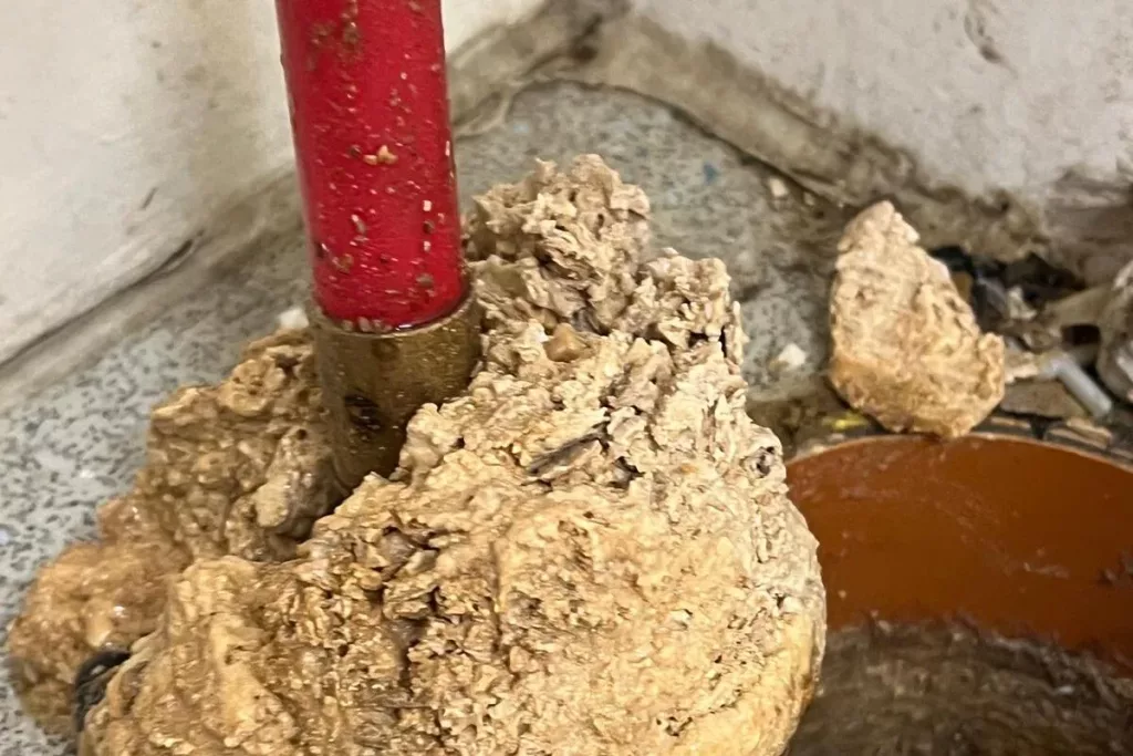 A large hardened blockage lifted out of an internal floor gully, with a drain rod still in place