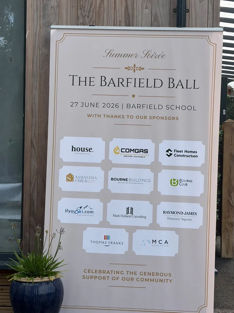 Barfield Ball sponsor board dated 27 June 2026 with the ComGas logo among the sponsors