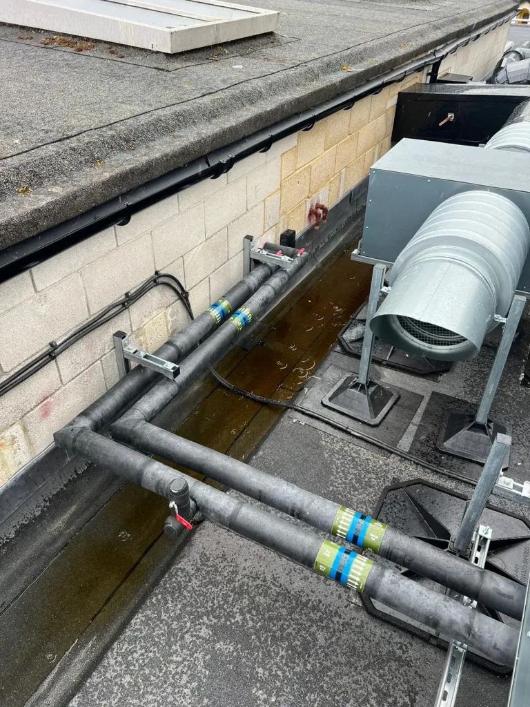 Completed insulated LPHW pipework serving the replacement ventilation plant at Didcot