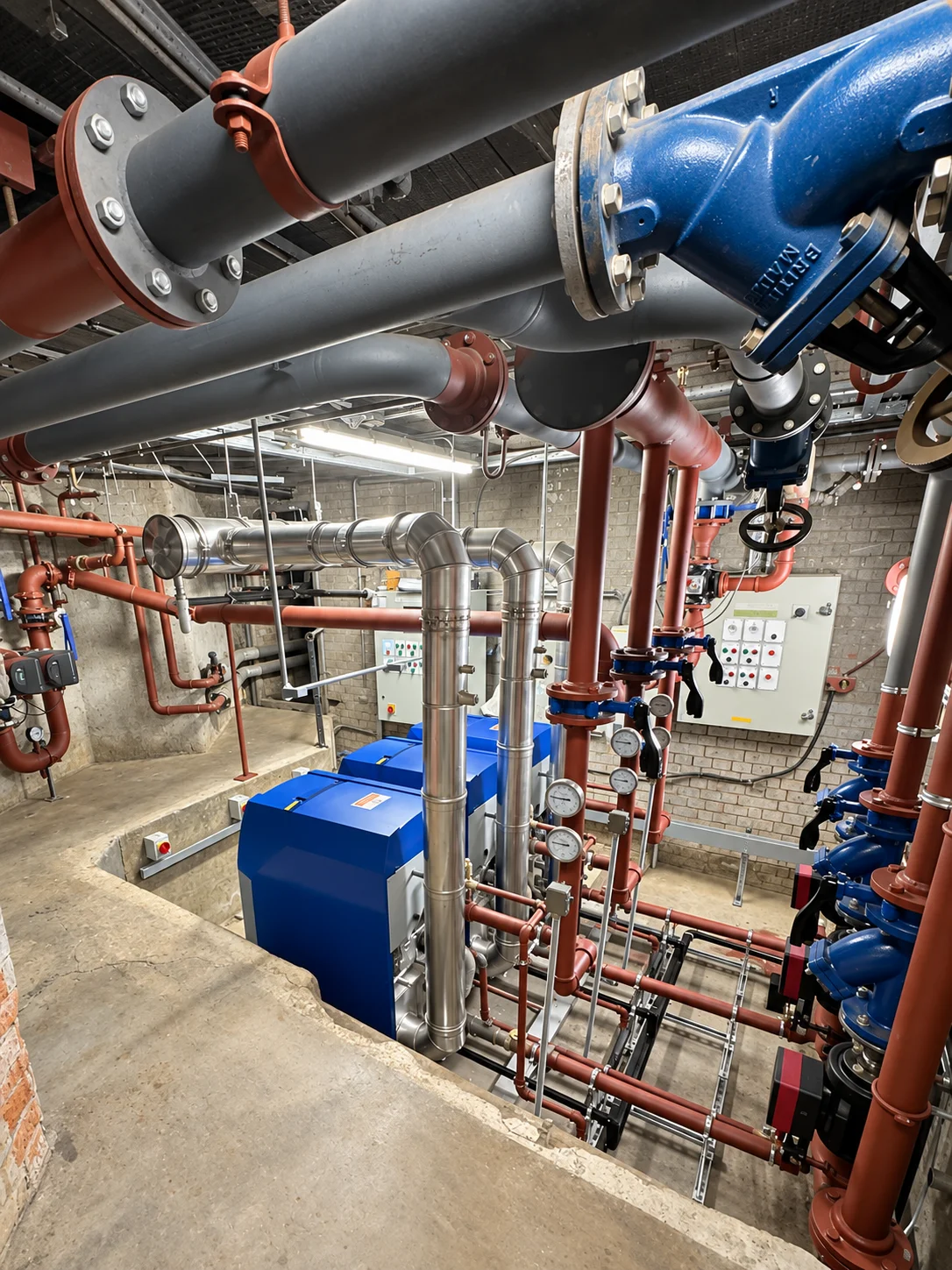 Completed plant room showing the new LTHW headers, flues, pumps and control panels