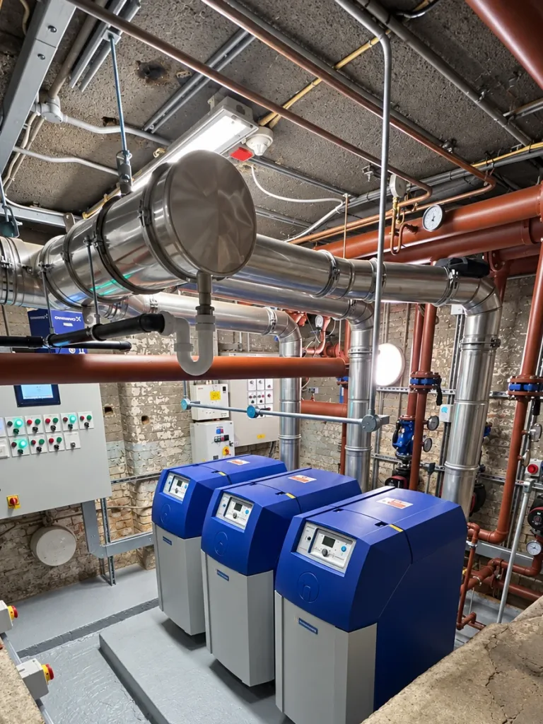 Three Hamworthy Purewell commercial boilers installed in the refurbished New Wimbledon Theatre plant room
