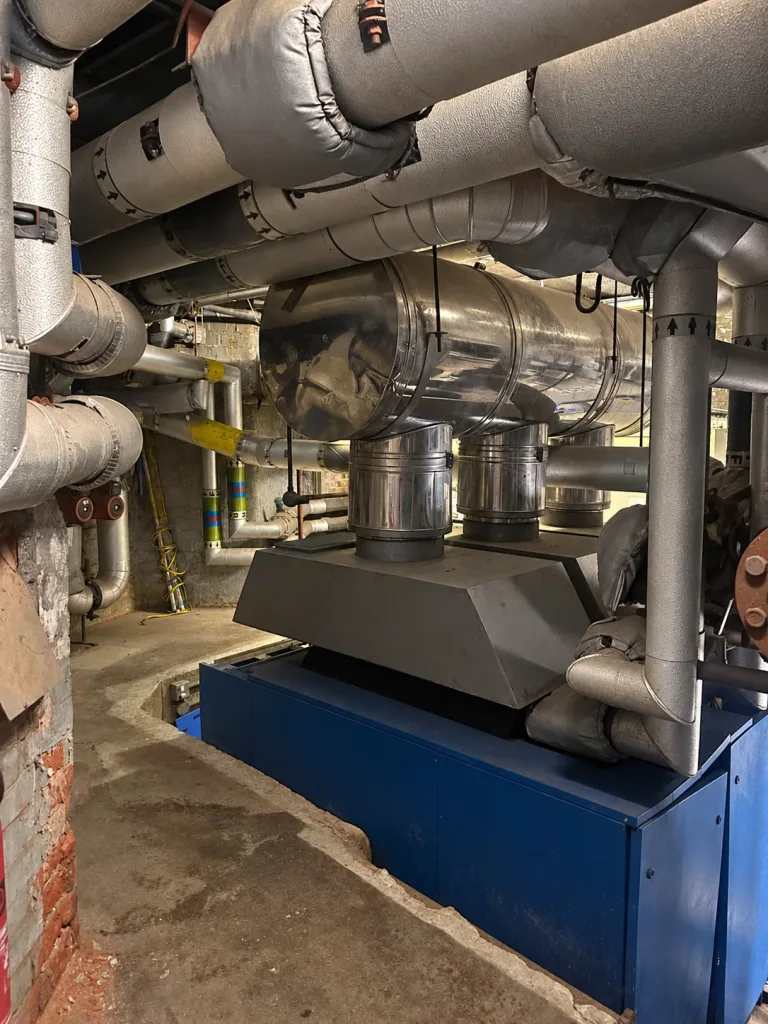 Congested original flue headers and insulated pipework above the existing boiler plant