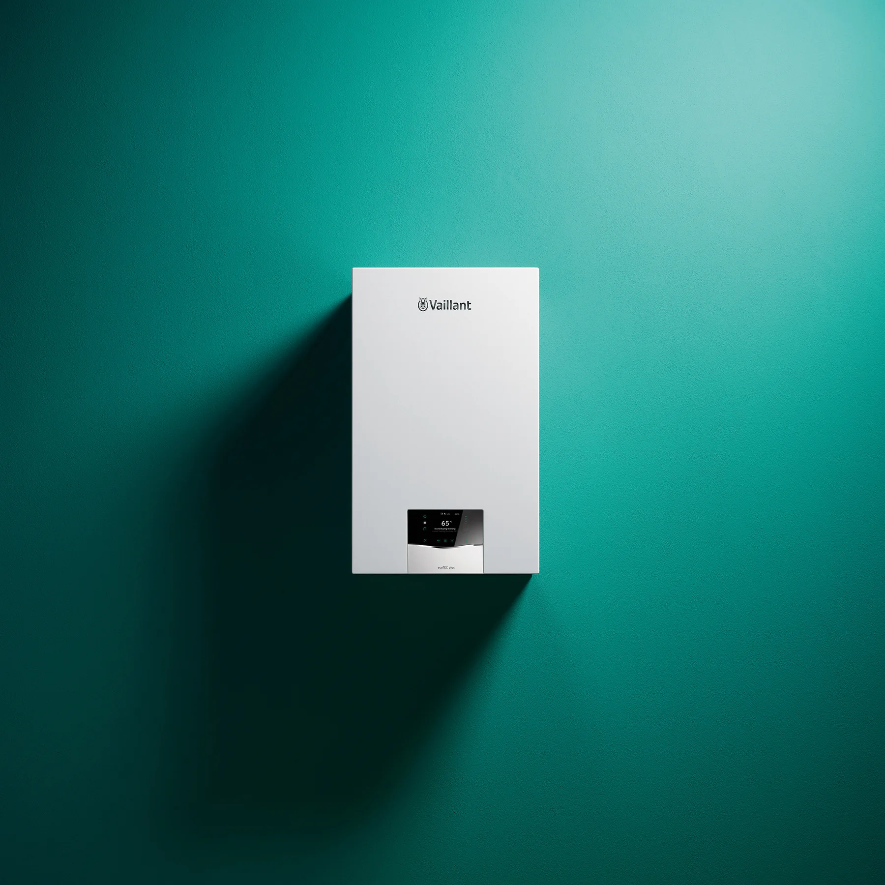 Wall-hung Vaillant gas boiler installed on a plain wall in a home